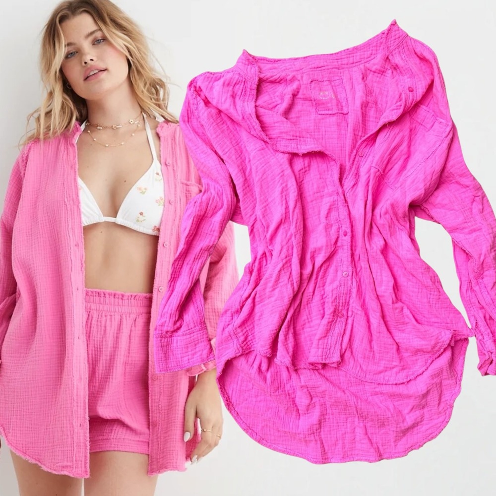 Aerie Pool-to-Party Gauze Button Down Shirt Hot Pink Large
